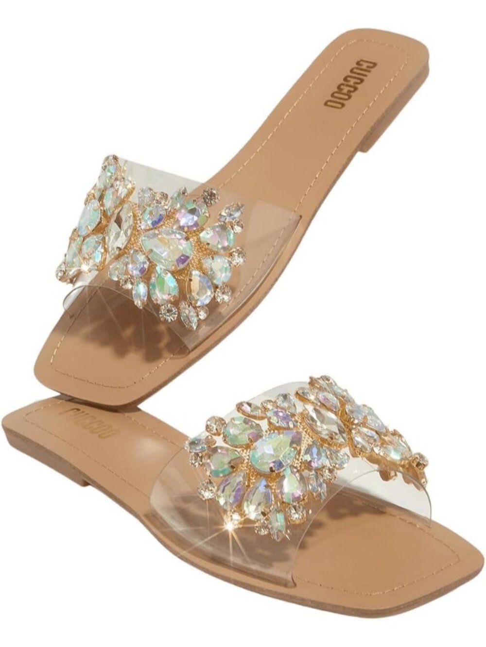 Women's Apricot Rhinestone Flats Square Toe Slides Sparkle Transparent Shoes